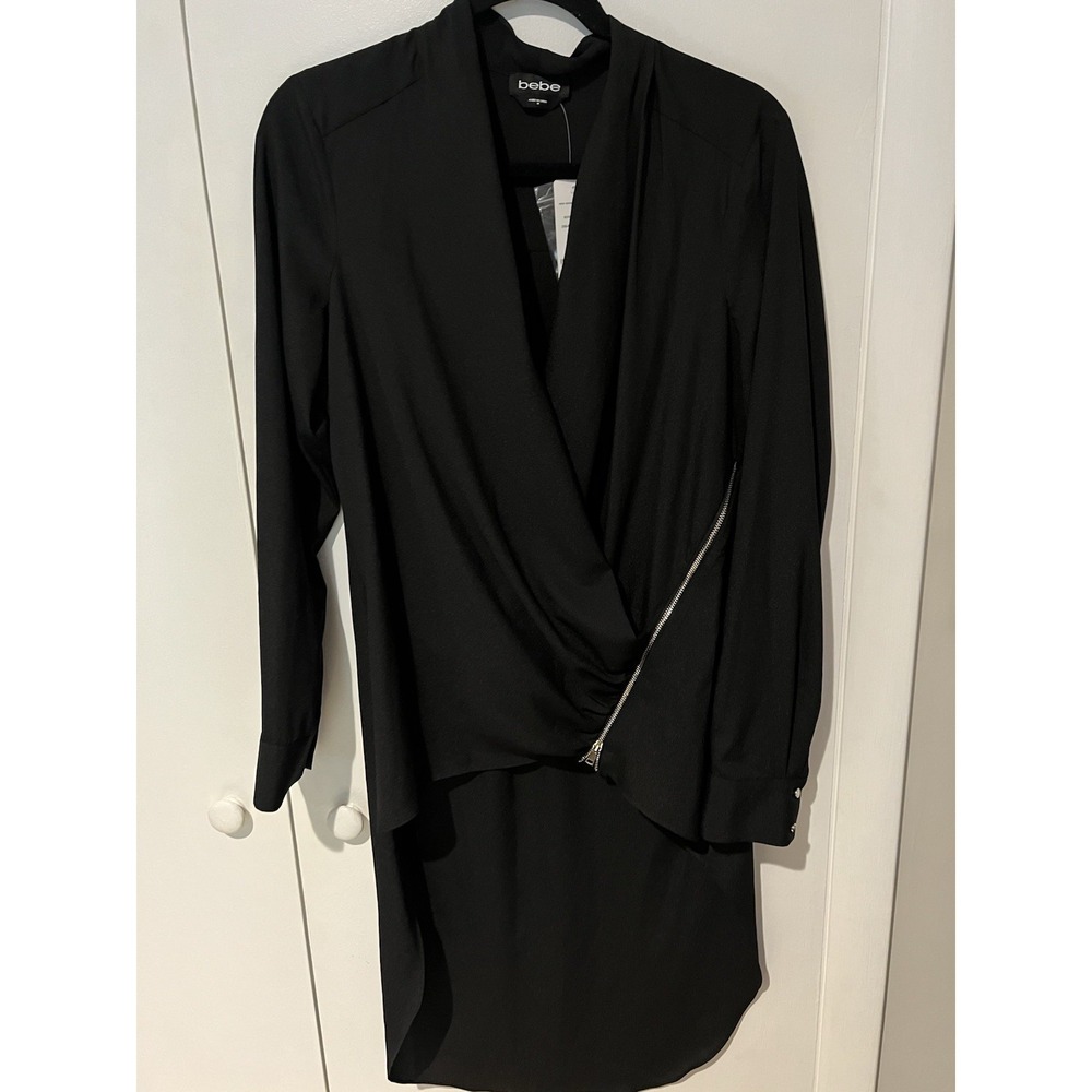 NWT Bebe Womens Wrap Slit Zipper Tunic High Low Black Long‎ Sleeve Top Medium